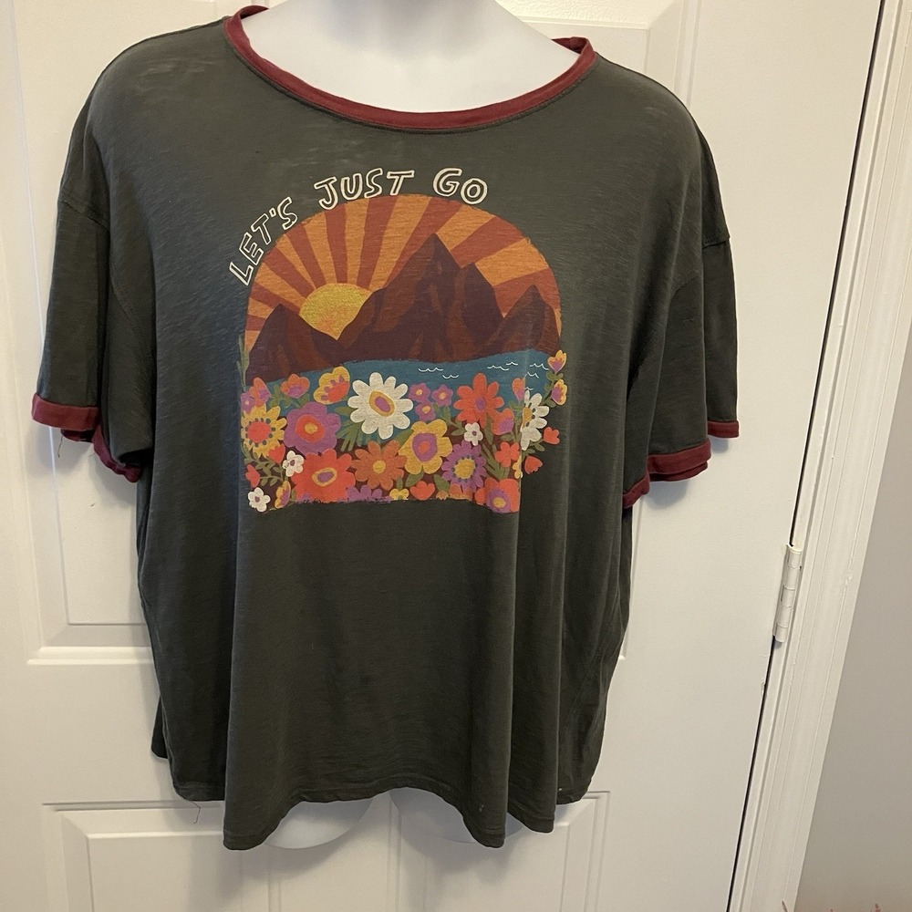 Natural Life Oversized Ringer Novelty Tee Size XL "Let's Just Go" Boho Women's - Picture 2 of 5
